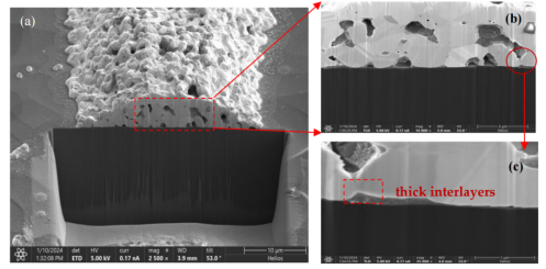 Ag/poly-Si界面截面SEM图：(a) Ag栅线与n⁺-poly-Si接触界面；(b) Ag块状结构与非均匀界面；(c) poly-Si表面白色Ag析出颗粒.png