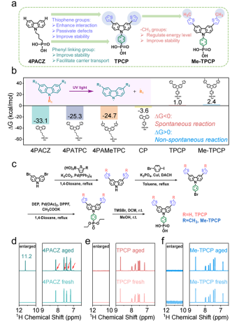 分子设计机理（a）Me-TPCP/TPCP结构；（b）键断裂反应ΔG对比；（d-f）分子UV稳定性验证（¹H NMR）
