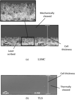 (a)LSMC分离边缘（1/3区域粗糙）；(b)TLS分离边缘（整体光滑）