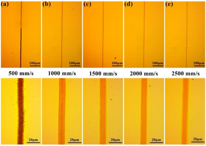 激光功率为1.8W时，不同速度下的P1划线显微图像
