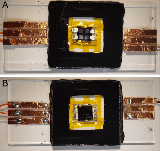 封装电池正面（A）和俯视图（B）的照片