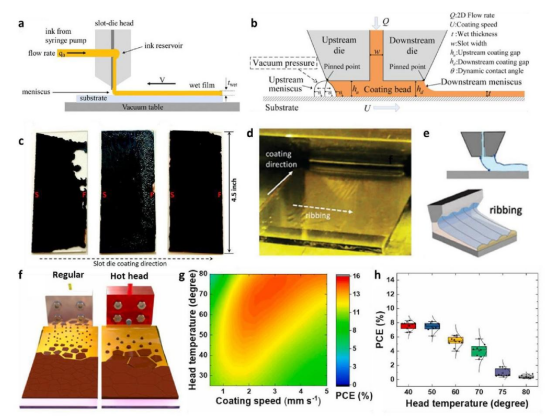 （a）狭缝涂布设备示意图。（b）狭缝涂布中的流体力学模型及核心参数示意图。（c）不同墨水供给速率与涂布速度组合下狭缝涂布钙钛矿薄膜的图像。（d）狭缝涂布过程中条纹缺陷的图像及（e）示意图。（f）使用150°C基底加热（左）和150°C基底加热/75°C涂布头加热（右）进行钙钛矿薄膜狭缝涂布的示意图。（g）不同涂布头温度与狭缝涂布速度下的效率分布彩图。（h）仅对涂布头加热时不同温度下的性能