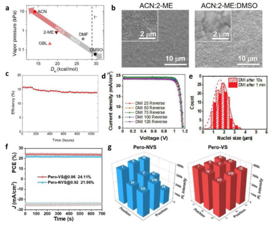 （a）挥发性非配位溶剂ACN、2-ME、GBL和非挥发性配位溶剂DMF、DMSO的蒸气压和供体数。（b）使用含DMSO与不含DMSO的ACN/2-ME制备的钙钛矿薄膜的扫描电子显微镜图像。（c）封装钙钛矿模块在1个太阳当量光照下于最大功率点运行的长期操作稳定性。（d）不同DMI添加量的电流-电压曲线。（e）2-ME/DMI复合物的成核分布。（f）大面积FAPbI₃钙钛矿薄膜的轴向稳态光电流输出及（g）大面积FAPbI₃钙钛矿薄膜中9个平台的对应强度