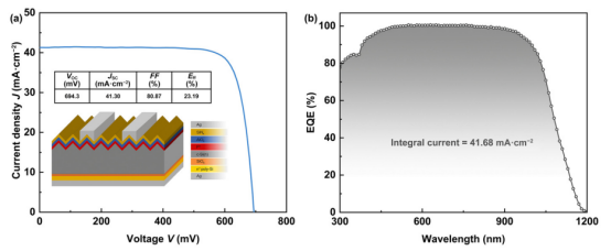 (a) 采用新型氘化/氢化混合策略制备的、具有全背电极的N型TOPCon太阳能电池在光照下的J-V曲线。同时显示了测试太阳能电池（2 cm × 2 cm）的性能参数以及具体的电池结构示意图；(b) 太阳能电池的外量子效率结果