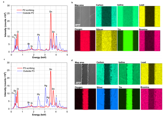 a P2刻划内部和外部的EDX光谱；b P2的SEM图像及EDX元素分布图；c P3刻划内部和外部的EDX光谱；d P3的SEM图像及EDX元素分布图