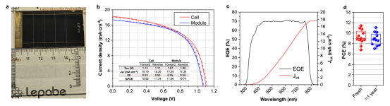 a 具有5个子电池的倒置PSM照片（尺子单位为厘米）；b 单个PSC与具有7个子电池的PSM的J-V曲线及光伏参数对比；c 9子电池倒置PSM的外量子效率光谱（黑线）与积分电流曲线（红线）；d 新制备与老化（>1年）的10.8 cm² PSC模块的功率转换效率分布