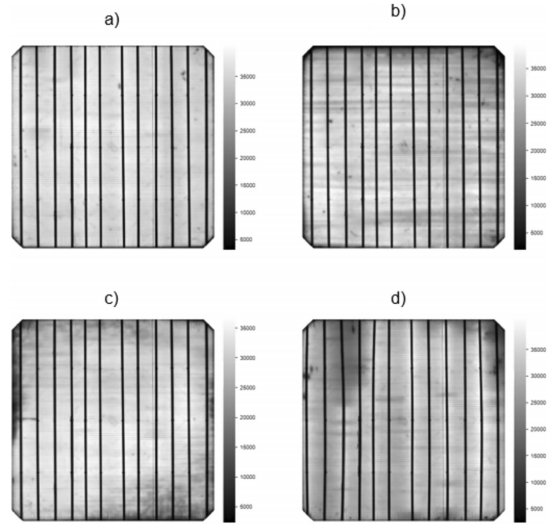 在高电流注入条件（8A，合32.74 mA/cm²）下拍摄的电致发光图像：（a）参考电池（双面银浆）；（b）正面铜浆丝网印刷、背面银浆丝网印刷电池；（c）正面银浆丝网印刷、背面铜浆丝网印刷电池；（d）双面铜浆丝网印刷电池