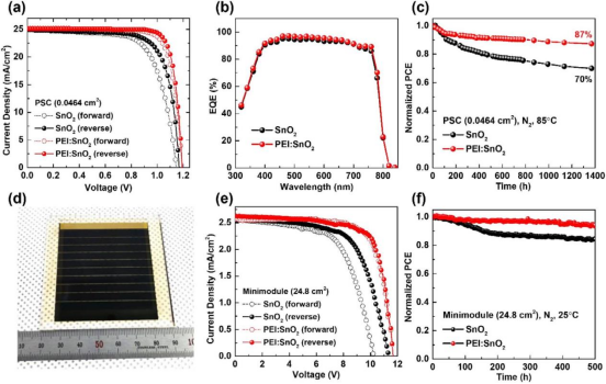 （a）PSCs的J–V曲线（b）由IPCE数据得出的EQE谱（c）在85°C、氮气气氛下PCE随时间变化的稳定性（d）包含10个子电池的钙钛矿迷你组件照片（e）钙钛矿迷你组件的J–V曲线（f）在25°C、氮气气氛下迷你组件PCE随时间变化的稳定性测试